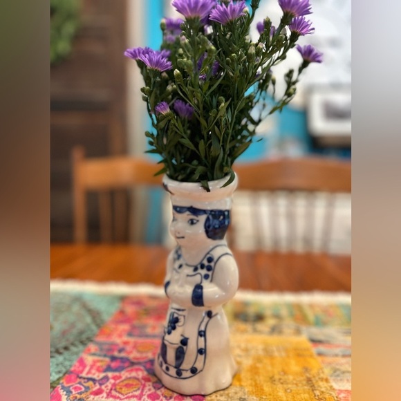 Vintage German Ceramic Vase Blue White Hand painted Mamsell With Rolling Pin - Picture 2 of 8